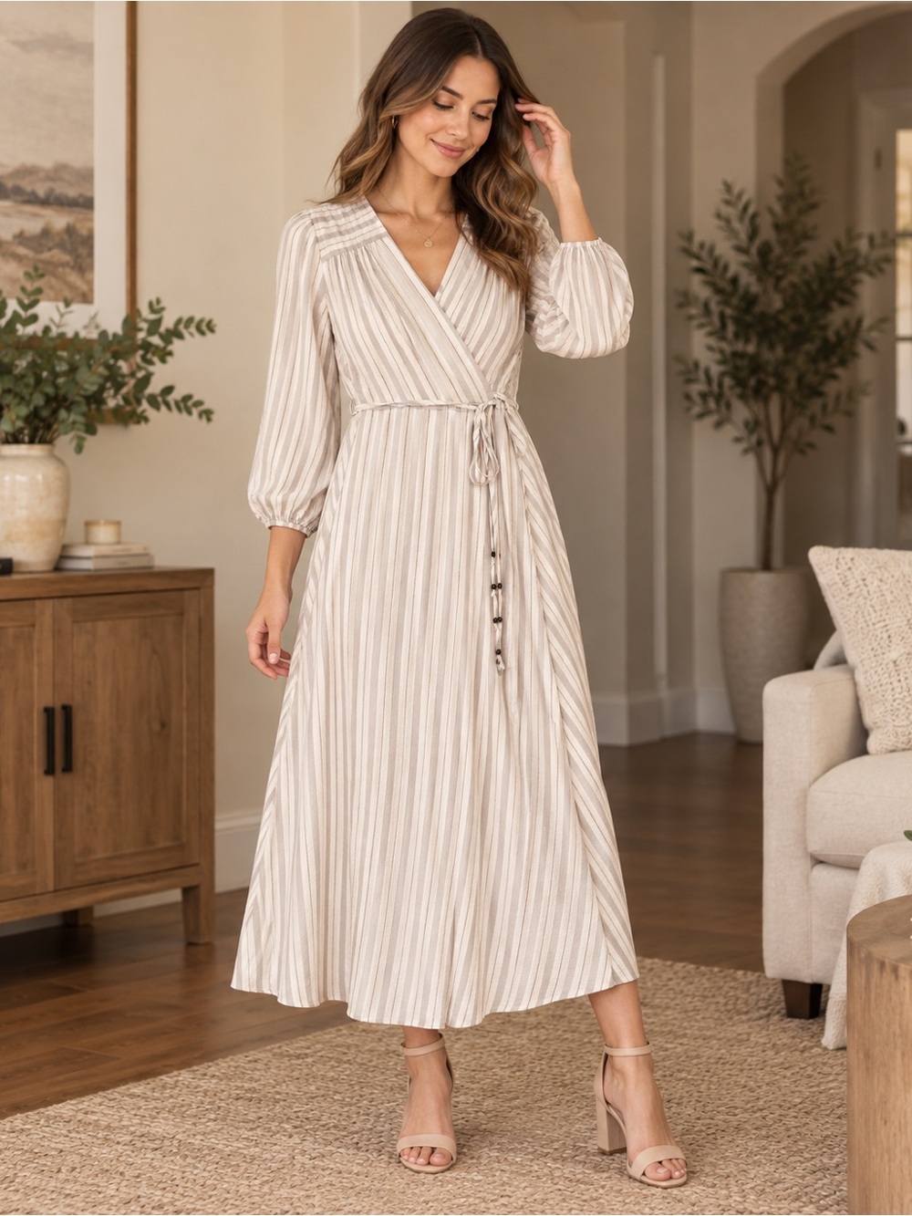 Calvin Klein Striped Wrap Maxi Dress in Beige and White Belted Size 10 Feminine